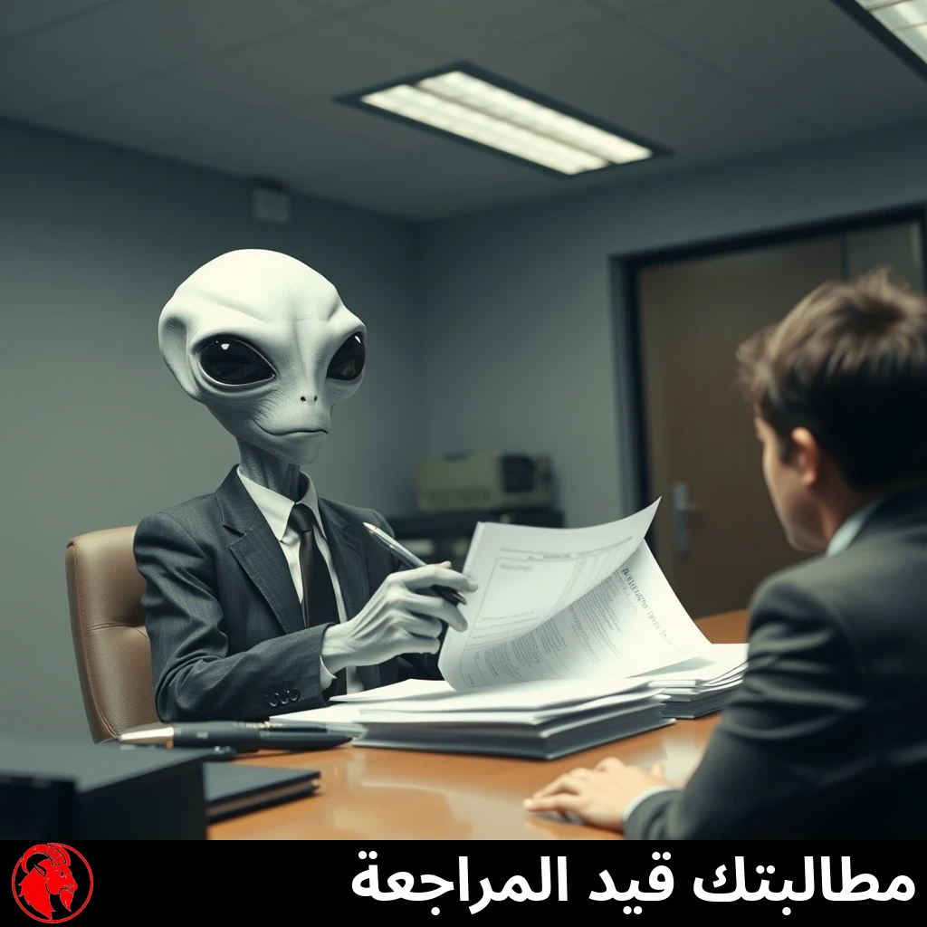 كائن فضائي رمادي ببذلة عمل يجلس إلى مكتب يدقّق وثيقة بقلم، بينما يجلس قبالته إنسان متوتّر. التعليق: مطالبتك قيد المراجعة.