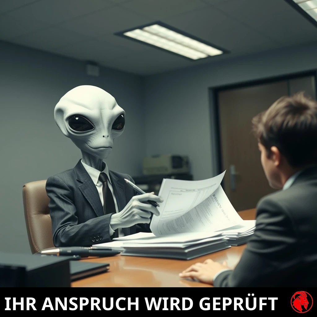 Ein grauer Außerirdischer im Büroanzug sitzt an einem Schreibtisch und prüft mit einem Stift ein Dokument, während ihm gegenüber ein nervöser Mensch sitzt. Bildunterschrift: Ihr Anspruch wird geprüft.