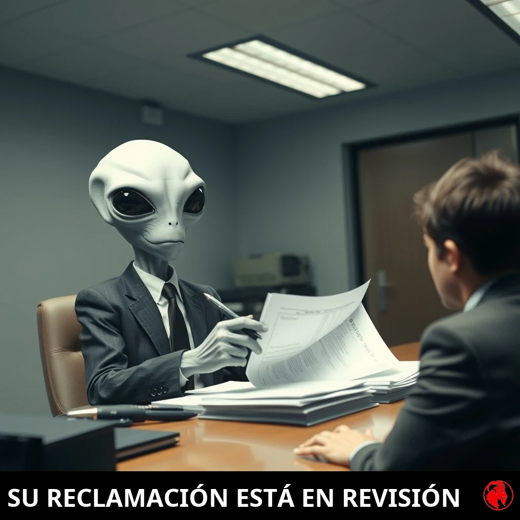 Un alienígena gris con traje de ejecutivo, sentado a un escritorio, revisa un documento con un bolígrafo mientras un humano nervioso está sentado enfrente. Pie de foto: Tu reclamación está siendo revisada