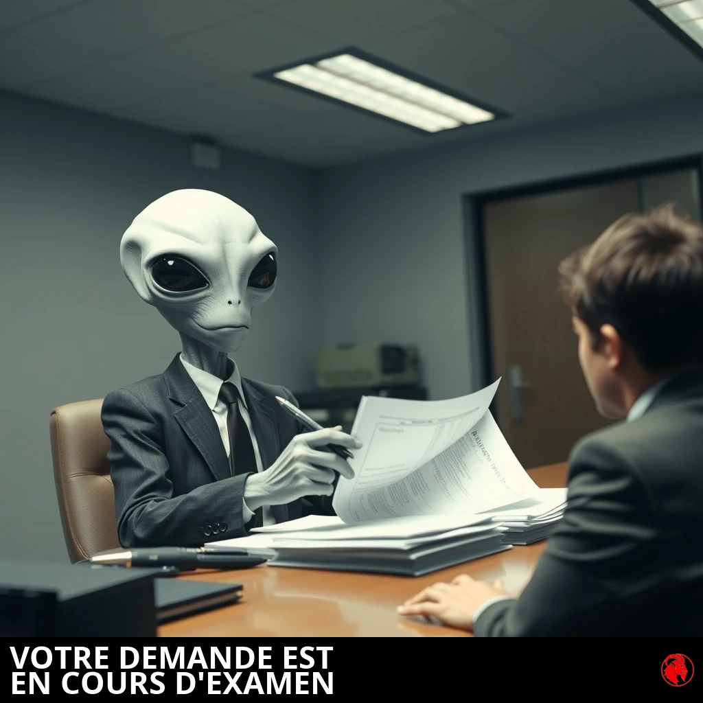 Un extraterrestre gris en costume de cadre, assis à un bureau, examine un document avec un stylo tandis qu'un humain nerveux est assis en face de lui. Légende : Votre demande d'indemnisation est en cours d'examen