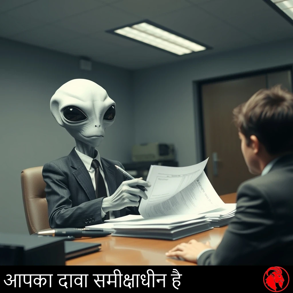 कारोबारी सूट पहने एक धूसर एलियन मेज़ पर बैठकर कलम से एक दस्तावेज़ की जाँच कर रहा है, जबकि सामने एक घबराया हुआ इंसान बैठा है। कैप्शन: आपके दावे की समीक्षा की जा रही है