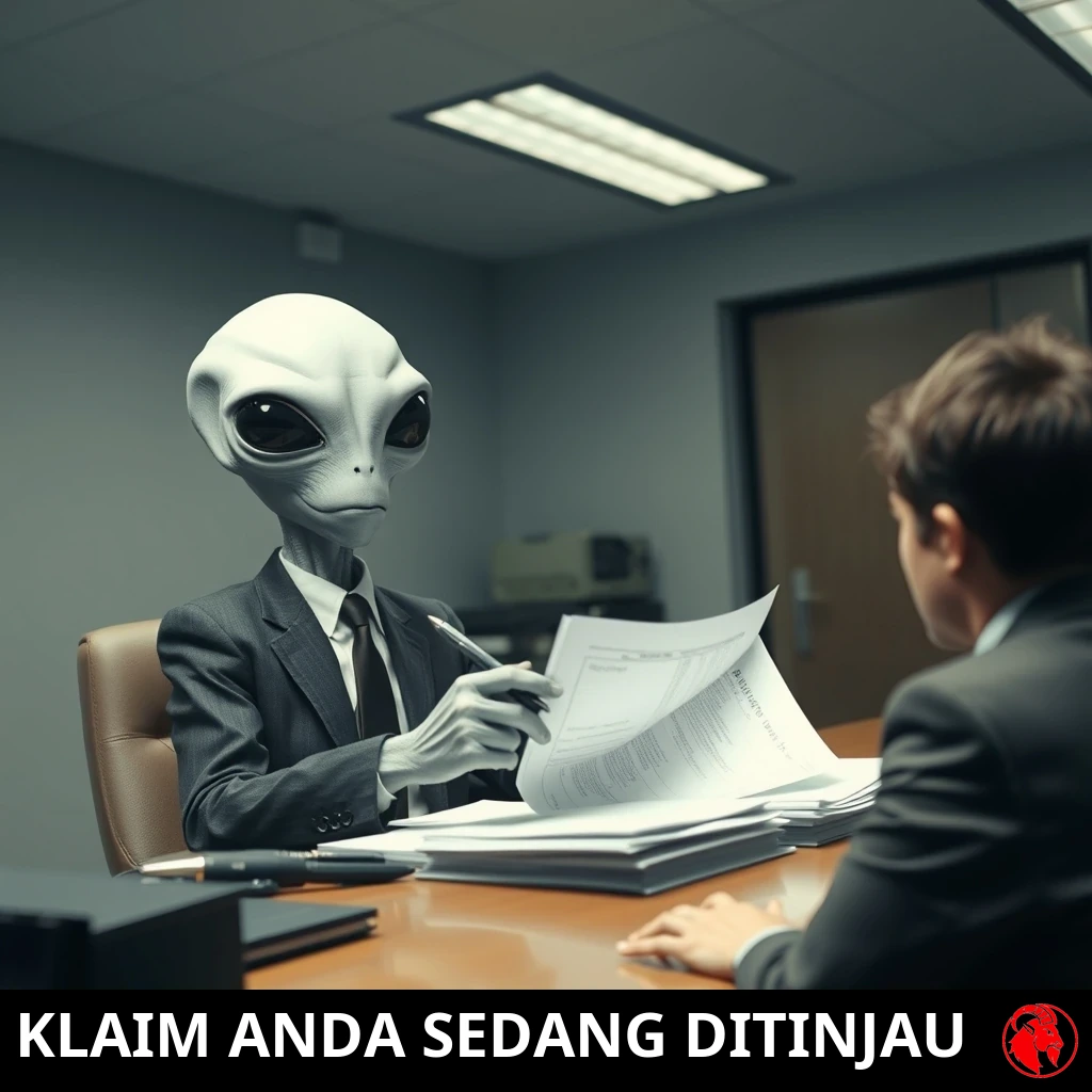Seorang alien abu-abu berjas kantor duduk di meja memeriksa dokumen dengan pena, sementara seorang manusia yang gugup duduk di seberangnya. Keterangan: Klaim Anda sedang ditinjau.