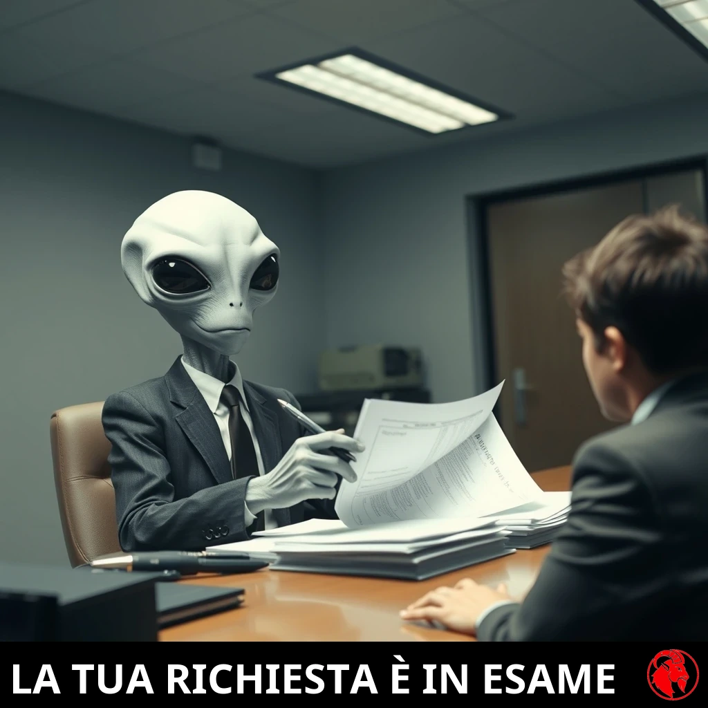 Un alieno grigio in completo da ufficio è seduto a una scrivania ed esamina un documento con una penna, mentre di fronte siede un essere umano nervoso. Didascalia: La vostra richiesta è in fase di revisione.