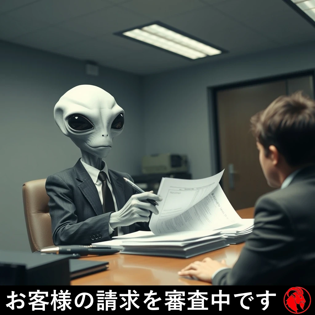 オフィス用スーツを着た灰色の宇宙人が机に向かい、ペンで書類を精査している。向かいには不安げな人間が座っている。キャプション：あなたの請求は審査中です。