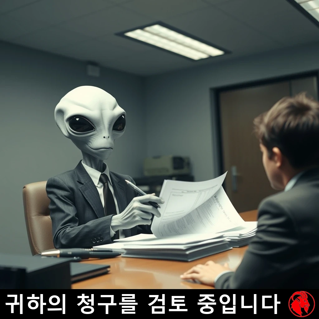 사무용 정장을 입은 회색 외계인이 책상에 앉아 펜으로 서류를 검토하고, 맞은편에는 불안해하는 인간이 앉아 있다. 캡션: 귀하의 청구는 심사 중입니다.