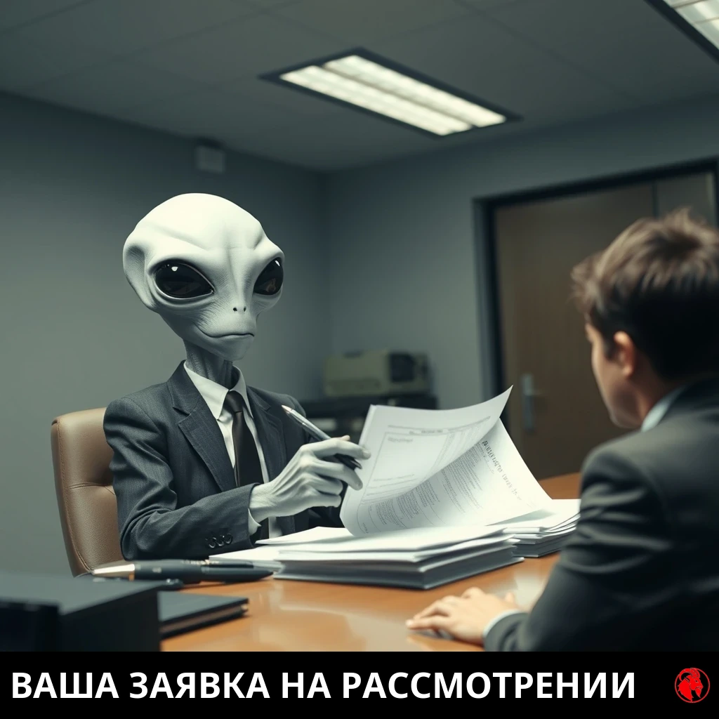 Серый пришелец в деловом костюме сидит за столом и проверяет документ ручкой, а напротив сидит нервничающий человек. Подпись: Ваше заявление на рассмотрении.