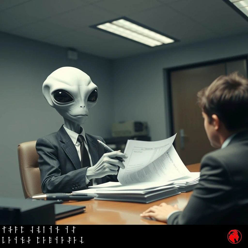 A grey alien in a business suit at a desk reviewing a document with a pen while a nervous human sits across from him. Caption: Your claim is being reviewed