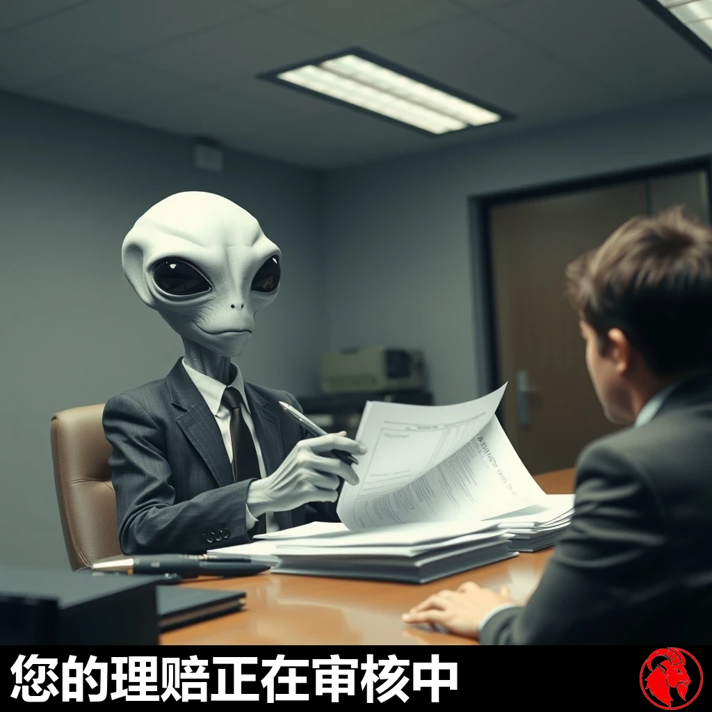 一名身穿西装的灰人坐在办公桌后，拿着笔审阅一份文件，对面坐着一名紧张的人类。字幕：你的理赔申请正在审核中
