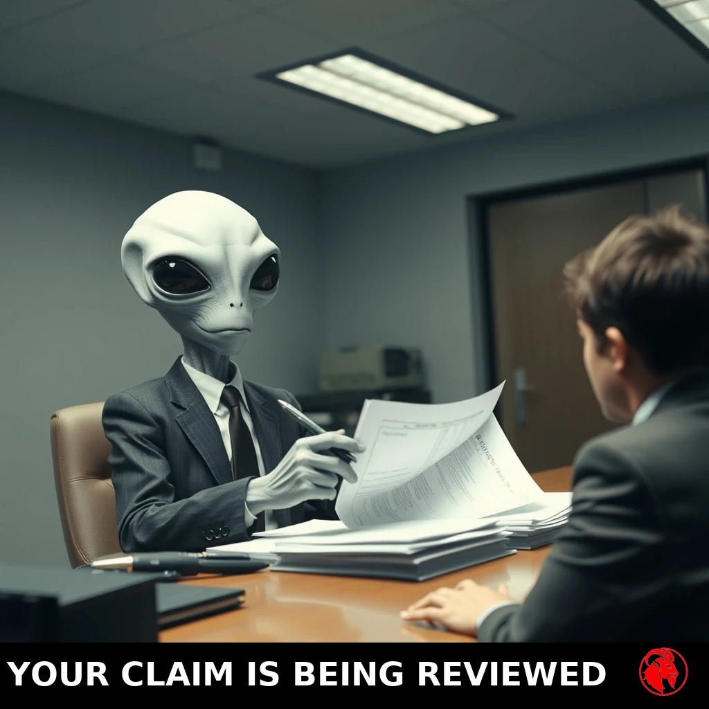 A grey alien in a business suit at a desk reviewing a document with a pen while a nervous human sits across from him. Caption: Your claim is being reviewed