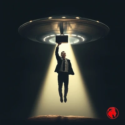A businessman in a suit lifted into the sky by a flying saucer's tractor beam, holding a briefcase over his head