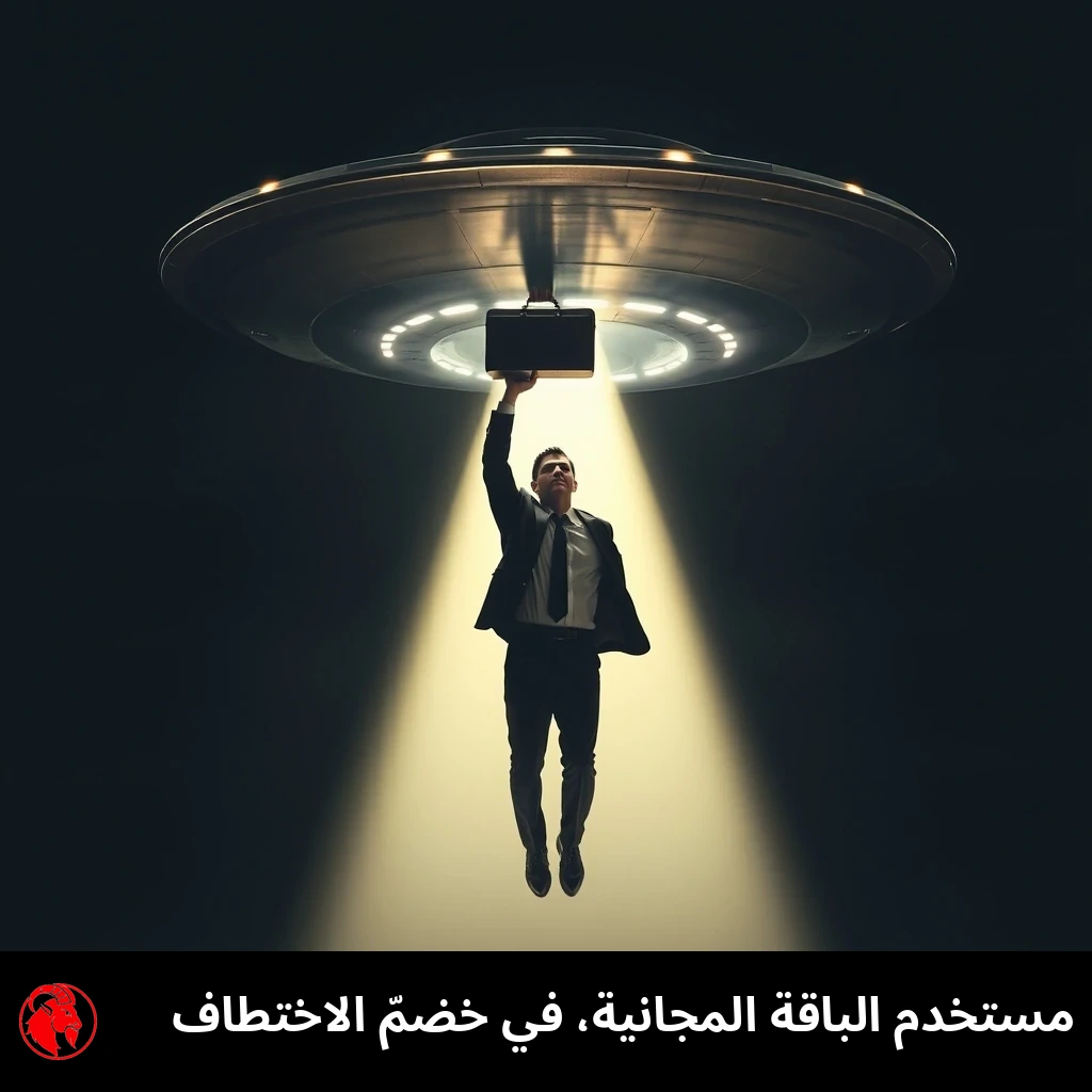 رجل أعمال ببذلة يرفعه شعاع جذب من صحن طائر بينما يمسك حقيبته فوق رأسه. التعليق: مستخدم الباقة المجانية، في خضمّ عملية اختطاف.