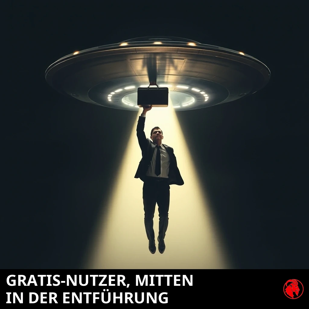 Ein Geschäftsmann im Anzug wird vom Traktorstrahl einer fliegenden Untertasse in die Luft gehoben, während er seine Aktentasche über dem Kopf festhält. Bildunterschrift: Nutzer des Gratistarifs, mitten in einer Entführung.