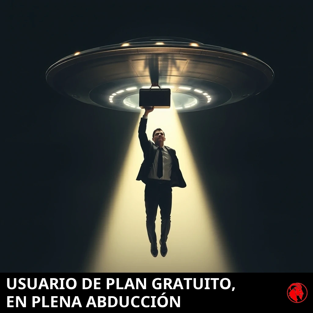 Un hombre de negocios en traje, elevado por el rayo tractor de un platillo volador, sostiene un maletín por encima de la cabeza. Pie de foto: Usuario del nivel gratuito, en plena abducción