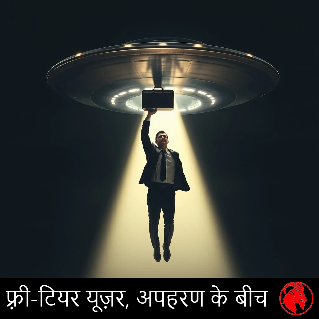 सूट पहने एक व्यवसायी को एक उड़न तश्तरी की खिंचाव-किरण हवा में उठा रही है, और वह अपना ब्रीफ़केस सिर के ऊपर थामे हुए है। कैप्शन: मुफ़्त-स्तर का उपयोगकर्ता, अपहरण के बीचों-बीच