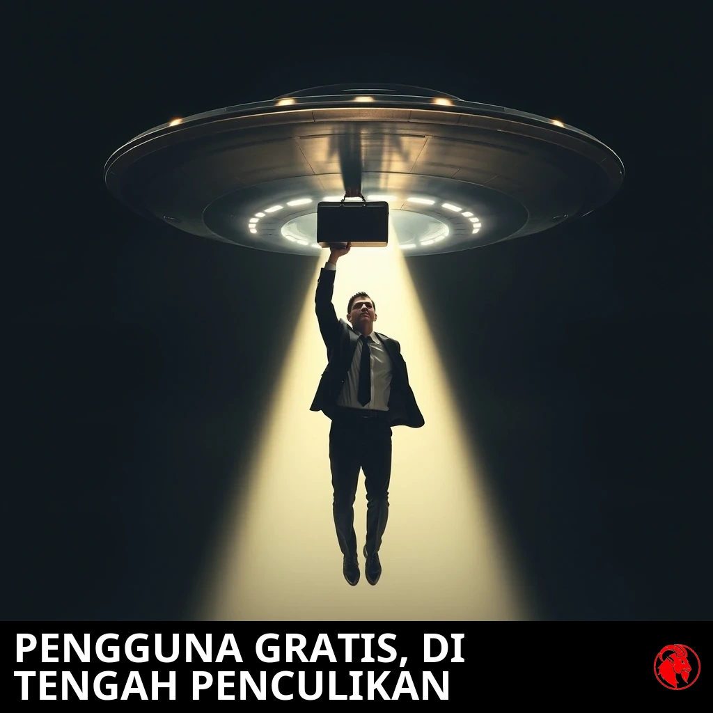 Seorang pebisnis berjas terangkat ke udara oleh sinar penarik dari piring terbang sambil memegang tasnya di atas kepala. Keterangan: Pengguna paket gratis, di tengah penculikan.