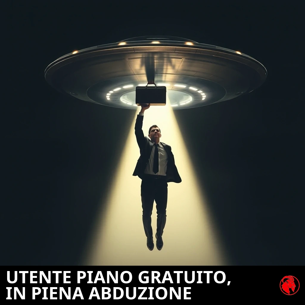 Un uomo d'affari in giacca e cravatta viene sollevato in aria dal raggio traente di un disco volante mentre stringe la valigetta sopra la testa. Didascalia: Utente del piano gratuito, nel bel mezzo di un rapimento.