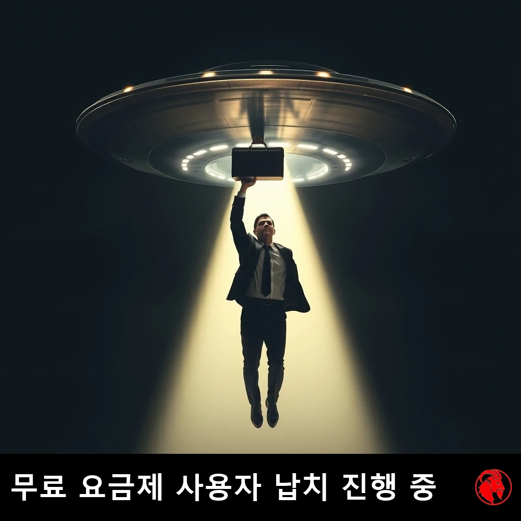 정장을 입은 사업가가 비행접시의 견인 광선에 공중으로 들려 올라가며 서류 가방을 머리 위로 움켜쥐고 있다. 캡션: 무료 요금제 사용자, 납치되는 도중.