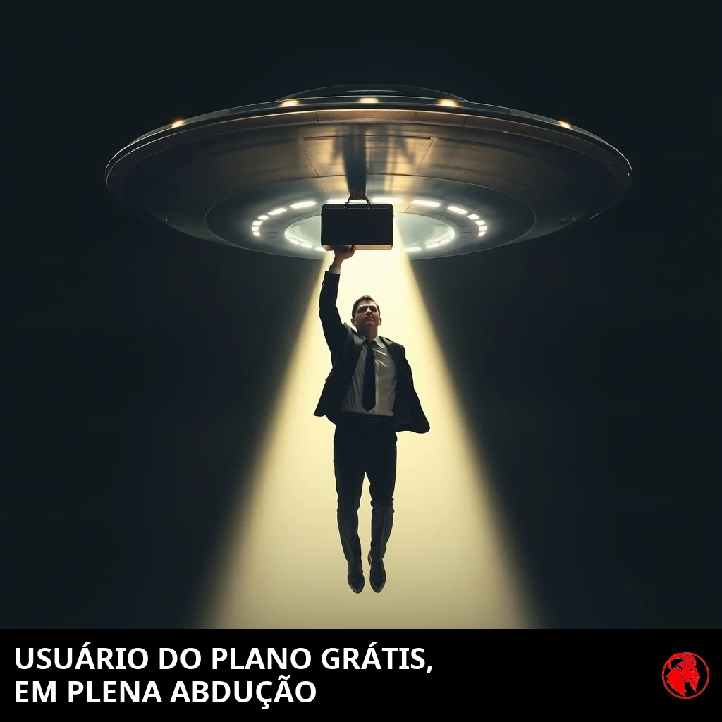Um homem de negócios de terno suspenso no ar pelo raio trator de um disco voador, segurando uma maleta acima da cabeça. Legenda: Usuário do plano gratuito, em plena abdução