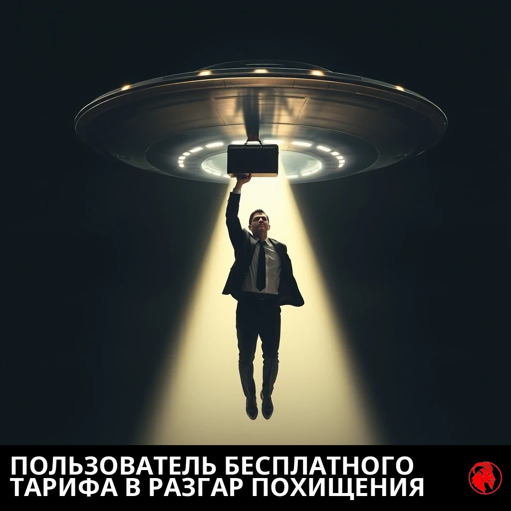 Бизнесмена в костюме поднимает в воздух притягивающий луч летающей тарелки, и он держит портфель над головой. Подпись: Пользователь бесплатного тарифа в процессе похищения.