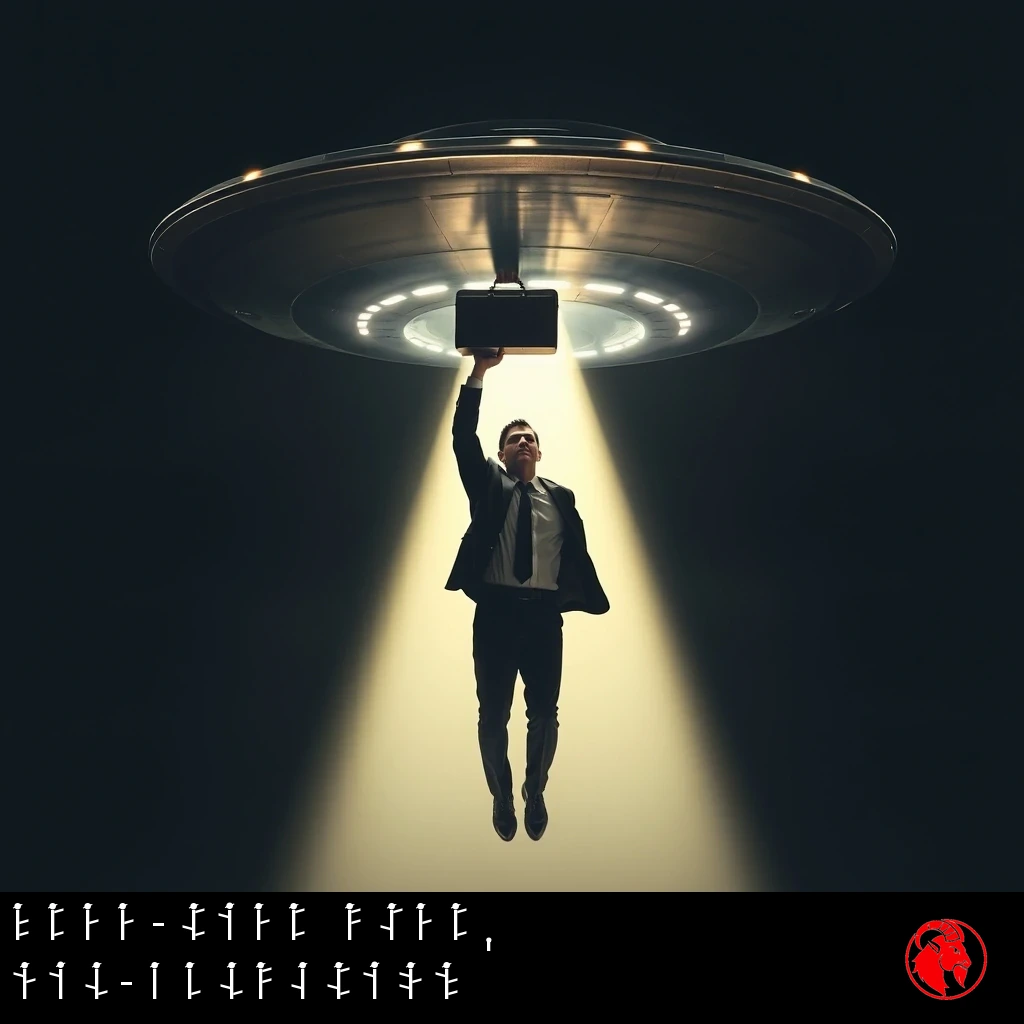 A businessman in a suit lifted into the air by a flying saucer's tractor beam, holding a briefcase over his head. Caption: Free-tier user, mid-abduction