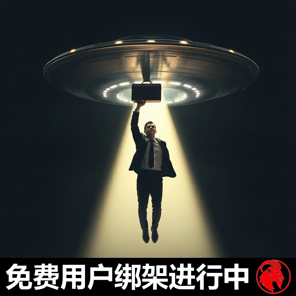 一名西装革履的商人被飞碟的牵引光束吸到半空中，双手把公文包高举过头。字幕：免费套餐用户，正被绑架到一半