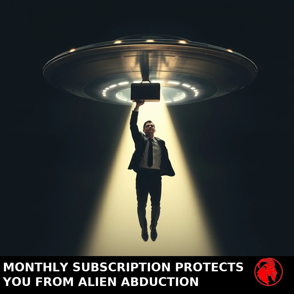A businessman in a suit lifted into the air by a flying saucer's tractor beam, holding a briefcase over his head. Caption: Free-tier user, mid-abduction