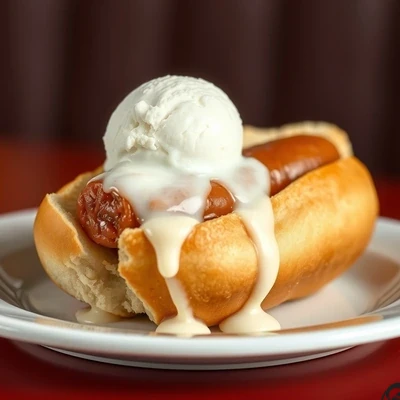 An all-American hot dog in a bun, buried under a melting scoop of vanilla ice cream