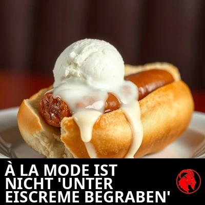 Ein waschechter amerikanischer Hotdog im Brötchen, begraben unter einer Kugel schmelzendem Vanilleeis