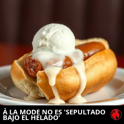 Un hot dog de lo más americano, en su pan, sepultado bajo una bola de helado de vainilla que se derrite