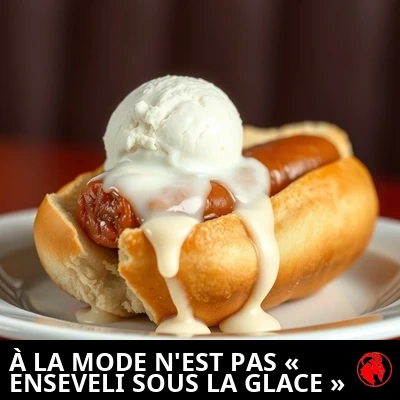 Un hot-dog cent pour cent am&eacute;ricain dans son pain, enseveli sous une boule de glace vanille en train de fondre