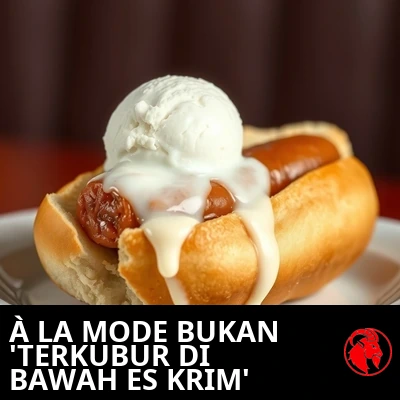 Sebuah hot dog khas Amerika di dalam roti, terkubur di bawah satu sendok es krim vanila yang meleleh