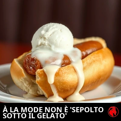 Un hot dog tutto americano nel suo panino, sepolto sotto una pallina di gelato alla vaniglia che si scioglie