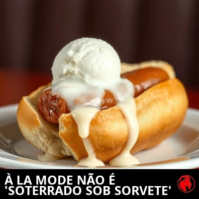 Um cachorro-quente genuinamente americano no pão, soterrado sob uma bola de sorvete de baunilha derretendo