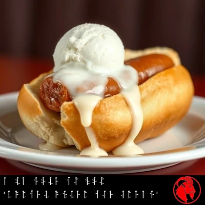 An all-American hot dog in a bun buried under a scoop of melting vanilla ice cream