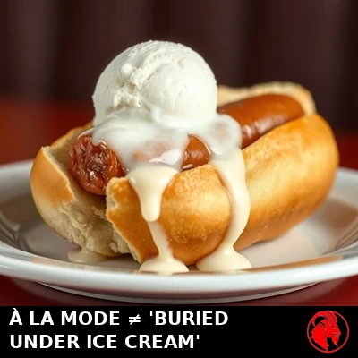 An all-American hot dog in a bun buried under a scoop of melting vanilla ice cream