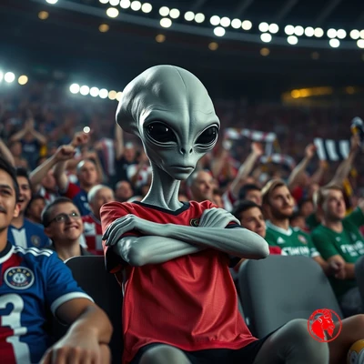 A grey alien seated in a packed stadium crowd, arms crossed, looking deeply unimpressed while human fans cheer around it