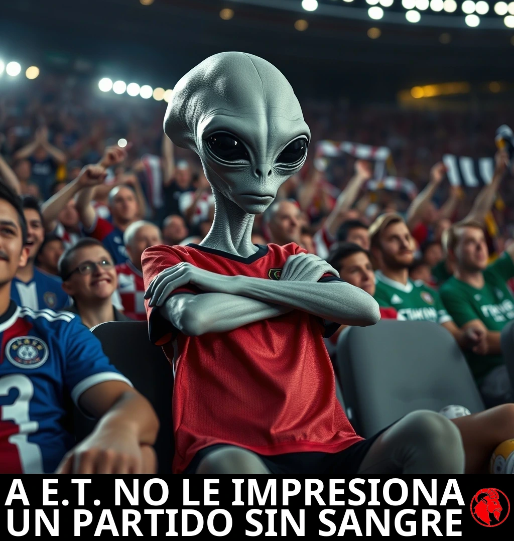 Un alienígena gris sentado entre una multitud abarrotada en un estadio, con los brazos cruzados, con cara de profundo desencanto mientras los aficionados humanos a su alrededor vitorean. Pie de foto: E.T. no se impresiona con un partido de fútbol sin sangre