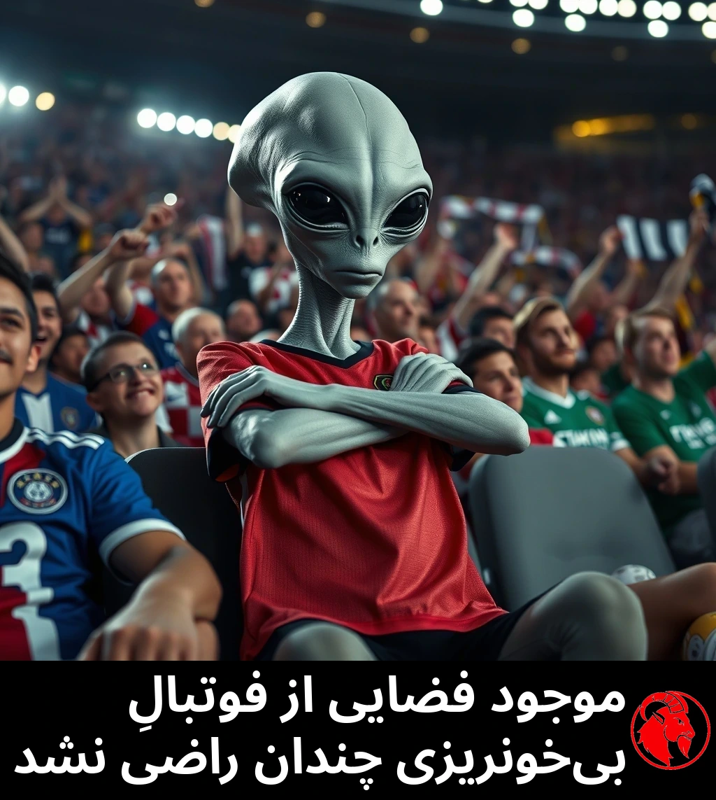 یک موجود فضاییِ خاکستری در میان جمعیت فشرده‌ی ورزشگاه نشسته، دست‌به‌سینه، در حالی که هواداران انسانیِ دورش هلهله می‌کنند، عمیقاً بی‌تفاوت به نظر می‌رسد. زیرنویس: E.T. از مسابقه‌ی فوتبالِ بی‌خونریزی راضی نیست