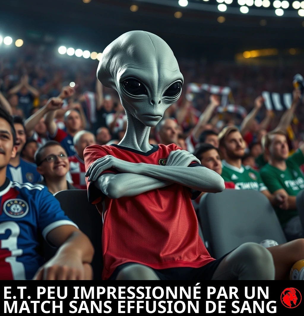 Un alien gris assis dans une foule de stade comble, bras croisés, l'air profondément blasé tandis que les supporters humains autour de lui exultent. Légende : E.T. peu impressionné par un match de football sans une goutte de sang.