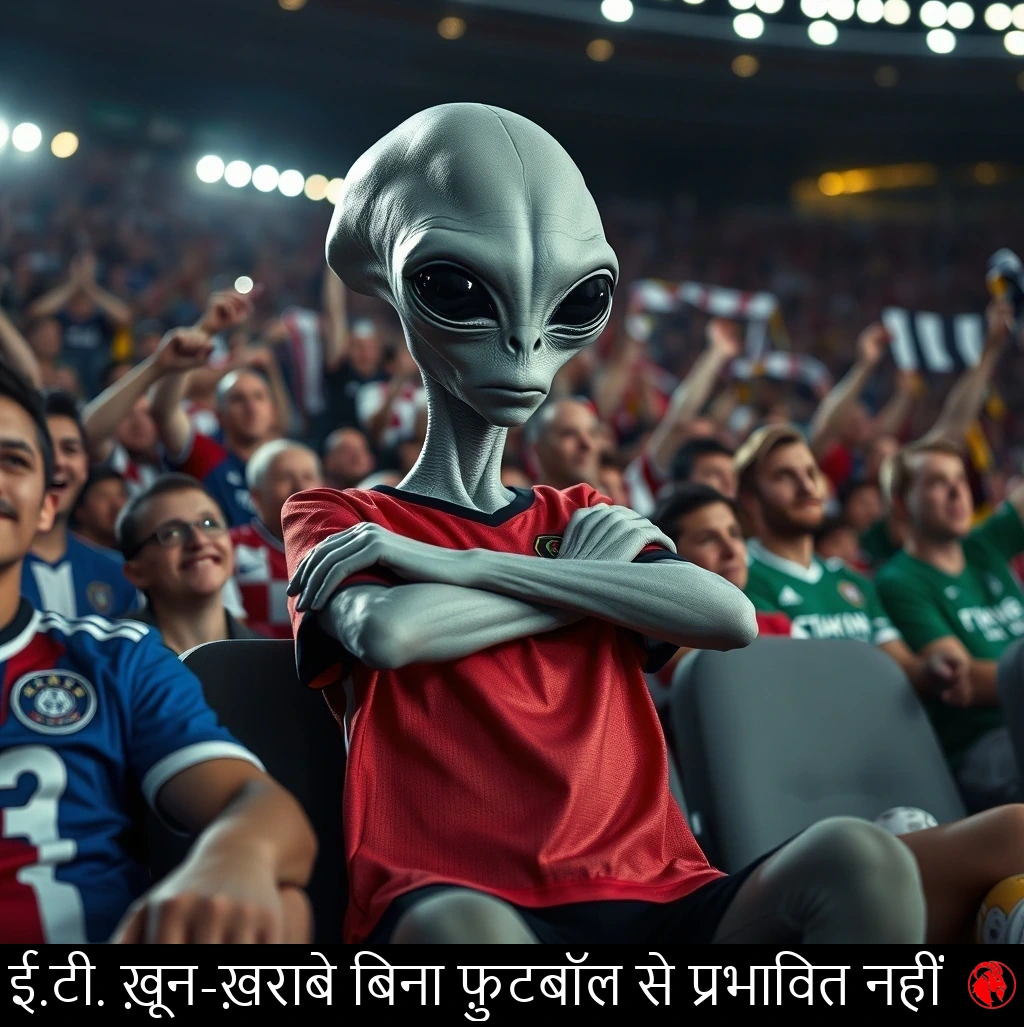 खचाखच भरे स्टेडियम की भीड़ में बैठा एक धूसर एलियन, बाँहें बाँधे, बेहद नाख़ुश दिखता हुआ, जबकि आसपास के इंसानी प्रशंसक जयकार कर रहे हैं। कैप्शन: E.T. बिना ख़ून-ख़राबे वाले फ़ुटबॉल मैच से प्रभावित नहीं।