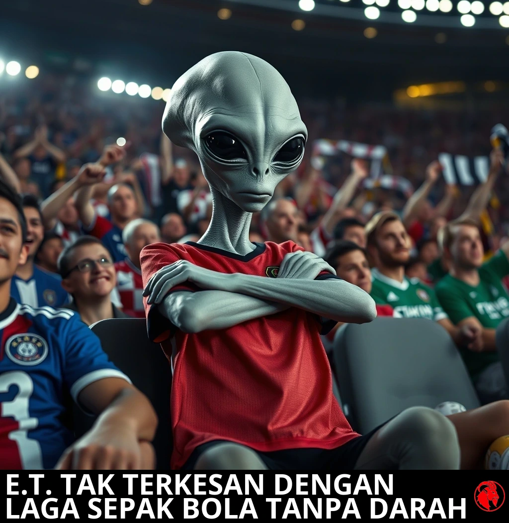 Seorang alien abu-abu duduk di tengah kerumunan stadion yang padat, bersedekap, tampak sangat tak terkesan sementara para suporter manusia di sekelilingnya bersorak. Keterangan: E.T. tak terkesan dengan pertandingan sepak bola tanpa darah.