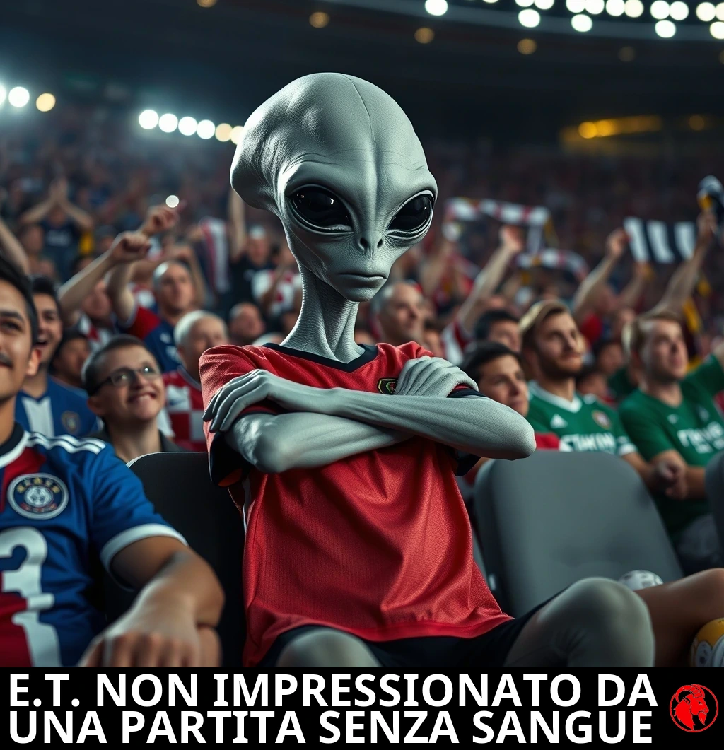Un alieno grigio seduto in mezzo a una folla gremita allo stadio, le braccia conserte, con un'aria profondamente poco impressionata mentre i tifosi umani intorno a lui esultano. Didascalia: E.T. non impressionato da una partita di calcio senza sangue