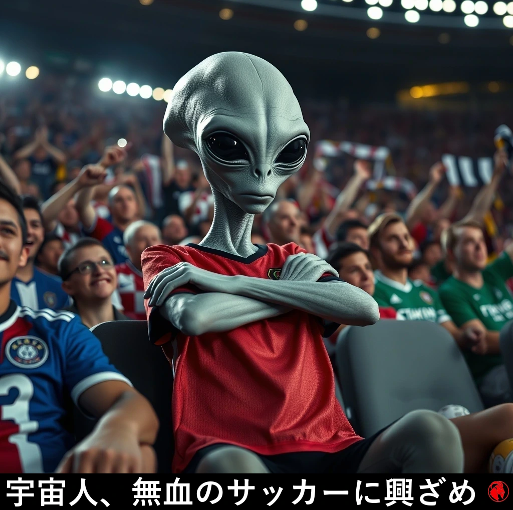 満員のスタジアムの観客席に腕を組んで座り、周囲の人間のファンが歓声を上げる中、ひどく興ざめした様子の灰色の宇宙人。キャプション：地球外生命体、血の流れないサッカーの試合に不満顔。