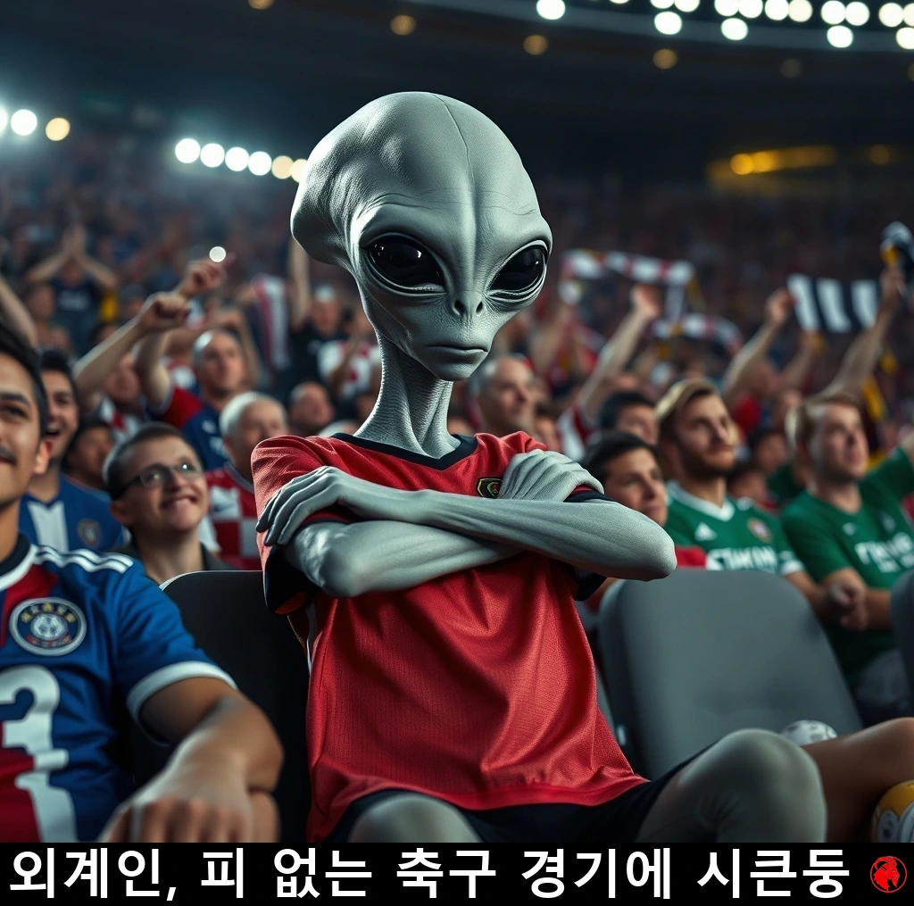 꽉 들어찬 경기장 관중석에 앉은 회색 외계인이 팔짱을 끼고 깊이 시큰둥한 표정을 짓고, 주위의 인간 팬들은 환호하고 있다. 캡션: E.T.는 피 한 방울 안 나는 축구 경기에 시큰둥하다.