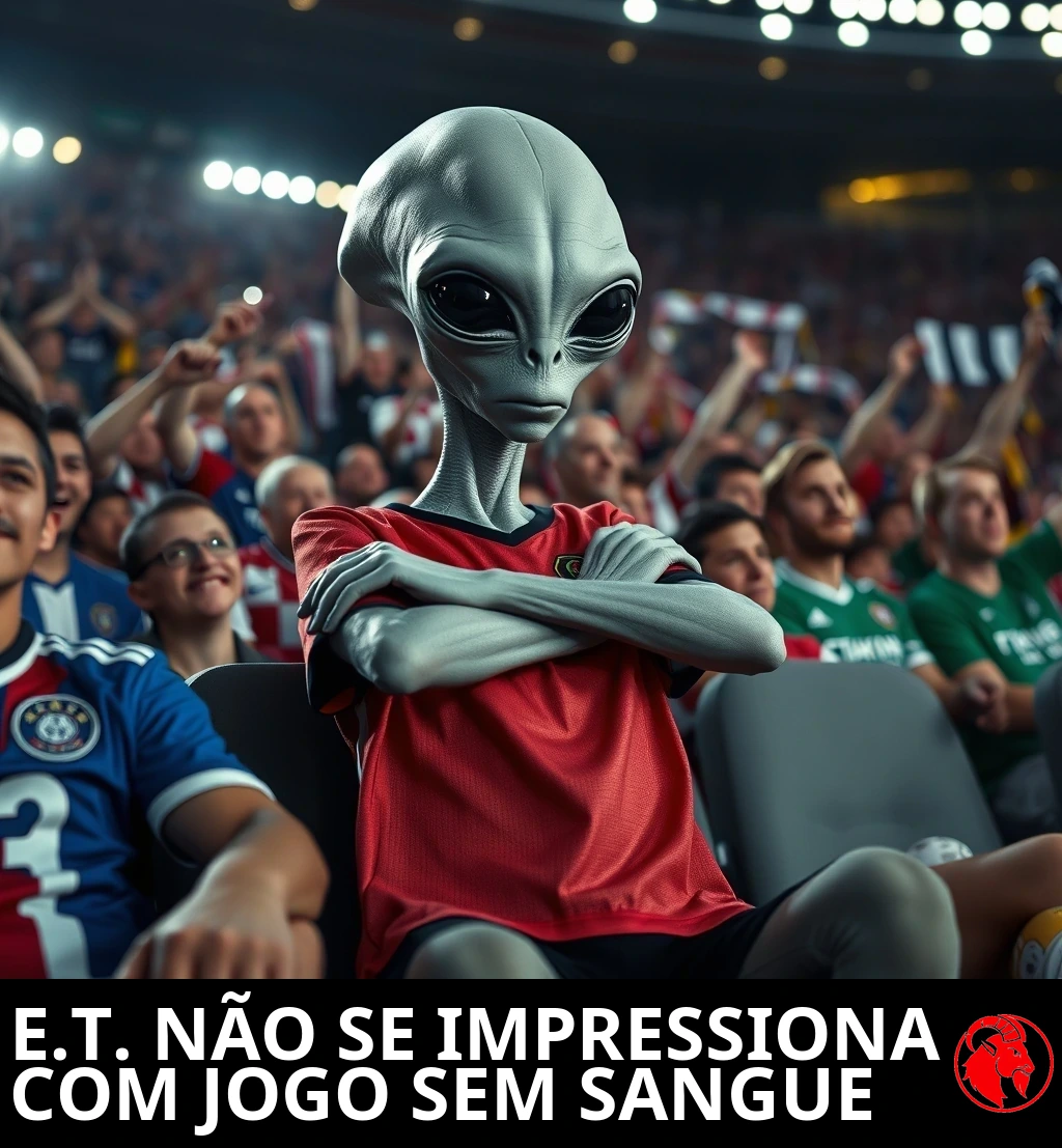 Um alienígena cinza sentado numa arquibancada lotada, de braços cruzados, com cara de profundo desinteresse enquanto torcedores humanos ao redor vibram. Legenda: E.T. nada impressionado com partida de futebol sem sangue