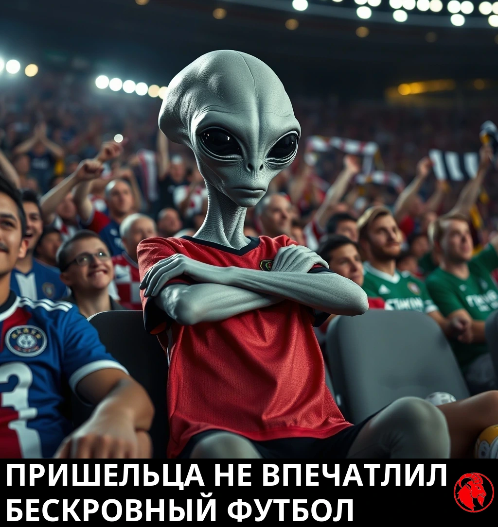 Серый инопланетянин сидит в плотной толпе на стадионе, скрестив руки, с глубоко неодобрительным видом, пока вокруг ликуют болельщики-люди. Подпись: Инопланетянина не впечатлил бескровный футбольный матч.