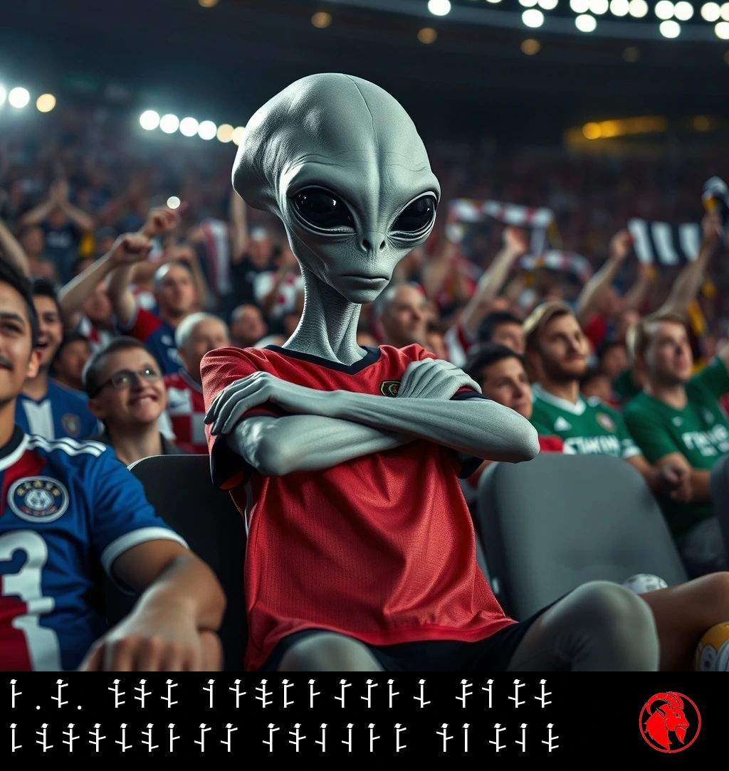 A grey alien seated in a packed stadium crowd, arms crossed, looking deeply unimpressed while human fans around it cheer. Caption: E.T. not impressed with bloodless soccer match