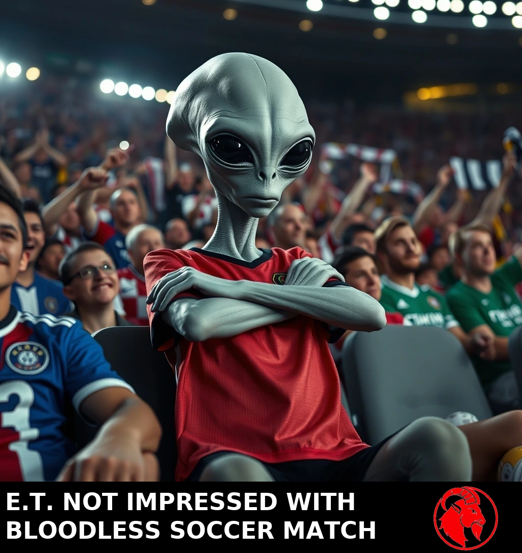 A grey alien seated in a packed stadium crowd, arms crossed, looking deeply unimpressed while human fans around it cheer. Caption: E.T. not impressed with bloodless soccer match