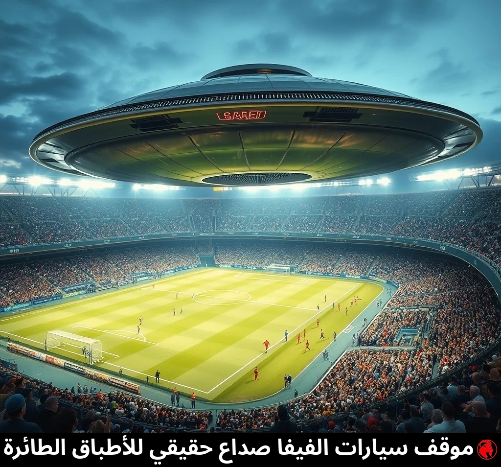 صحن طائر يحوم منخفضاً فوق ملعب كرة قدم حديث مزدحم خلال مباراة غاصّة بالجماهير. التعليق: مواقف الفيفا صداع حقيقيّ للأطباق الطائرة.