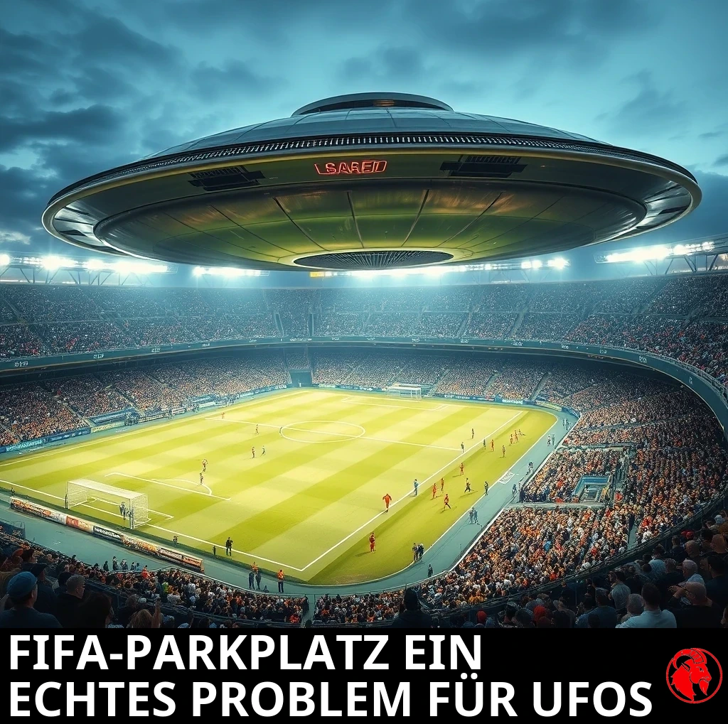 Eine fliegende Untertasse schwebt tief über einem voll besetzten modernen Fußballstadion während eines ausverkauften Spiels. Bildunterschrift: FIFA-Parken bereitet UFOs echte Kopfschmerzen.